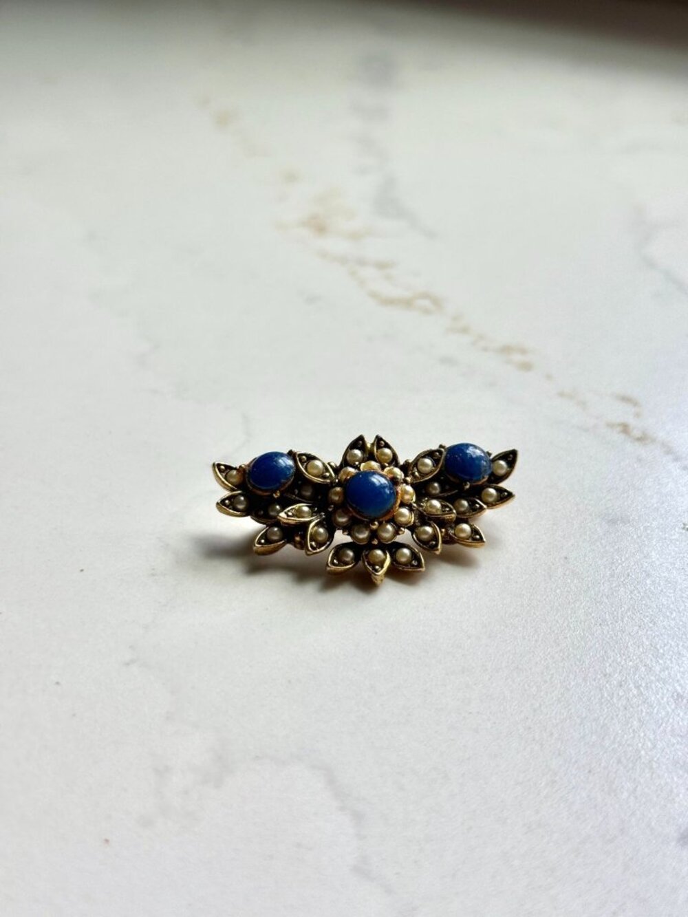 Vintage Mid Century Lapis Lazuli And Faux Pearl Brooch On Gold Hardware